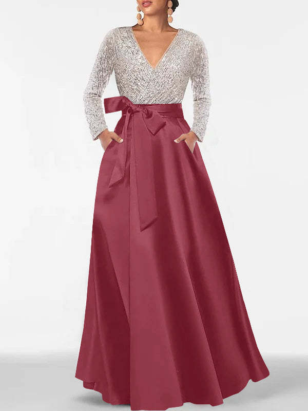V-Neck A-Line Princess Floor-Length Mother of the Bride Dress with Long Sleeves Pocket and Sequins