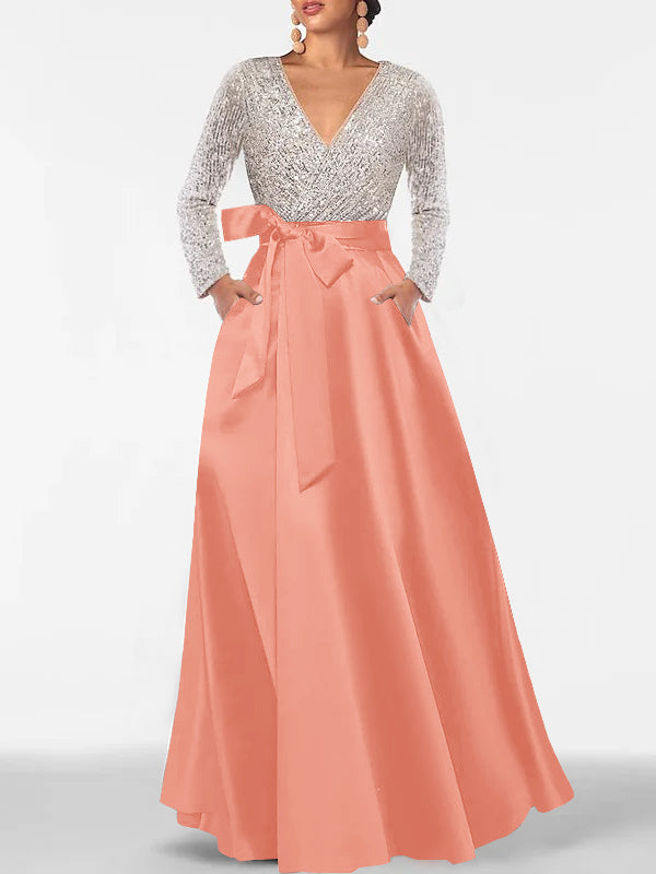 V-Neck A-Line Princess Floor-Length Mother of the Bride Dress with Long Sleeves Pocket and Sequins