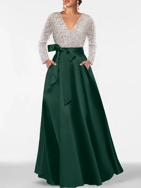 V-Neck A-Line Princess Floor-Length Mother of the Bride Dress with Long Sleeves Pocket and Sequins