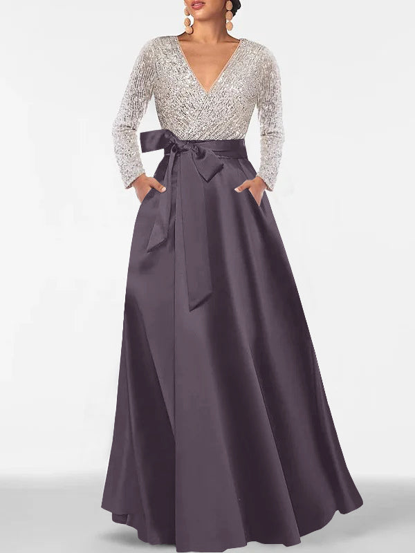 V-Neck A-Line Princess Floor-Length Mother of the Bride Dress with Long Sleeves Pocket and Sequins
