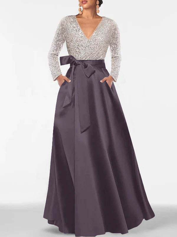 V-Neck A-Line Princess Floor-Length Mother of the Bride Dress with Long Sleeves Pocket and Sequins