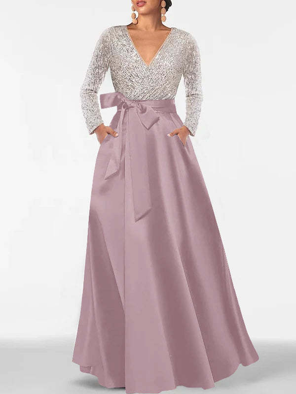 V-Neck A-Line Princess Floor-Length Mother of the Bride Dress with Long Sleeves Pocket and Sequins