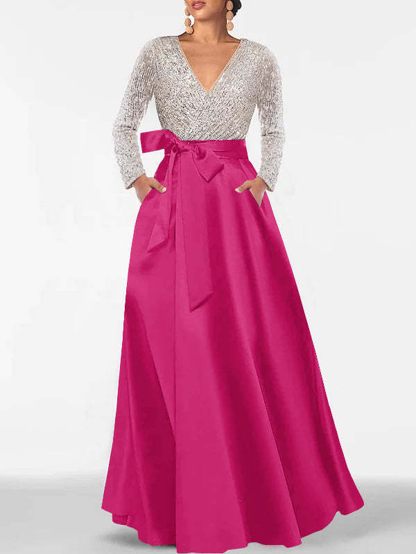 V-Neck A-Line Princess Floor-Length Mother of the Bride Dress with Long Sleeves Pocket and Sequins