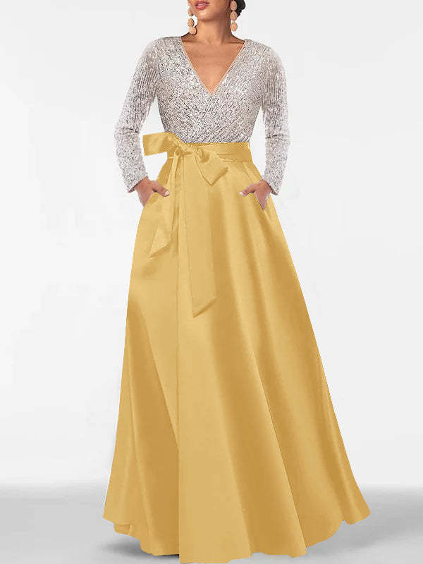 V-Neck A-Line Princess Floor-Length Mother of the Bride Dress with Long Sleeves Pocket and Sequins