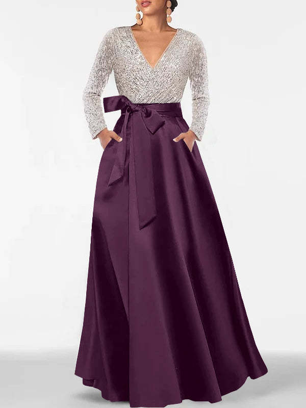 V-Neck A-Line Princess Floor-Length Mother of the Bride Dress with Long Sleeves Pocket and Sequins