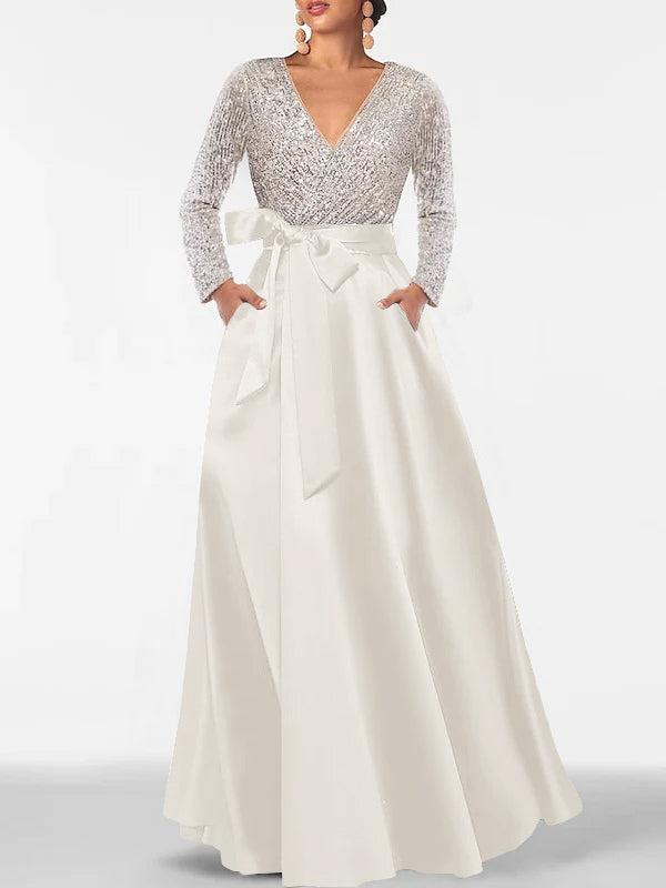V-Neck A-Line Princess Floor-Length Mother of the Bride Dress with Long Sleeves Pocket and Sequins