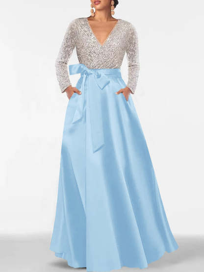 V-Neck A-Line Princess Floor-Length Mother of the Bride Dress with Long Sleeves Pocket and Sequins