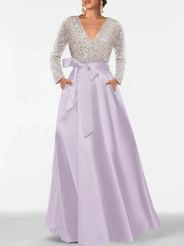 V-Neck A-Line Princess Floor-Length Mother of the Bride Dress with Long Sleeves Pocket and Sequins