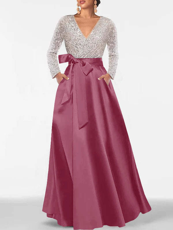 V-Neck A-Line Princess Floor-Length Mother of the Bride Dress with Long Sleeves Pocket and Sequins