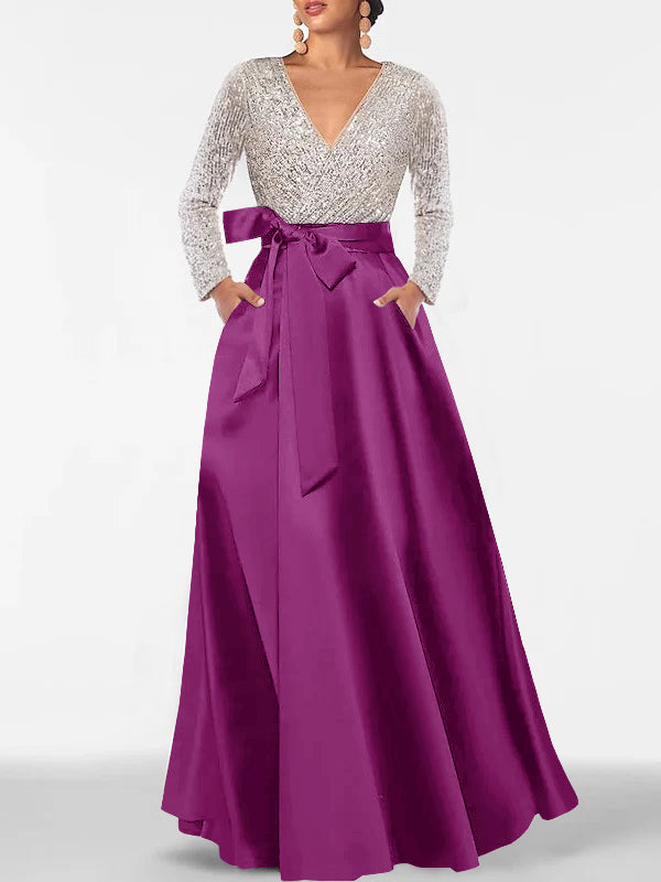 V-Neck A-Line Princess Floor-Length Mother of the Bride Dress with Long Sleeves Pocket and Sequins
