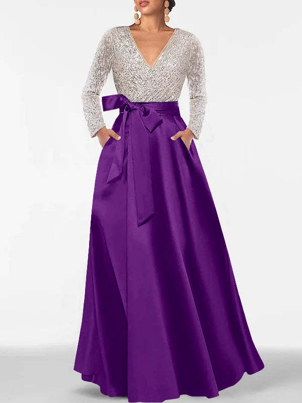 V-Neck A-Line Princess Floor-Length Mother of the Bride Dress with Long Sleeves Pocket and Sequins