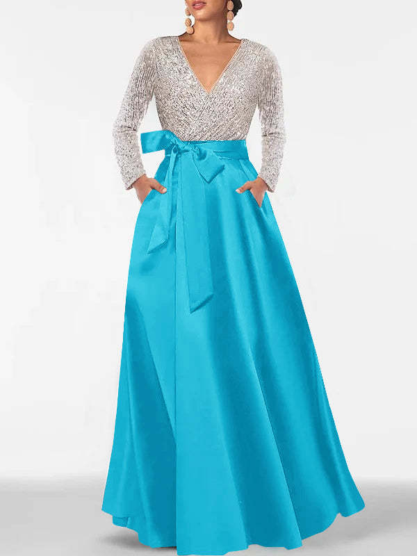 V-Neck A-Line Princess Floor-Length Mother of the Bride Dress with Long Sleeves Pocket and Sequins