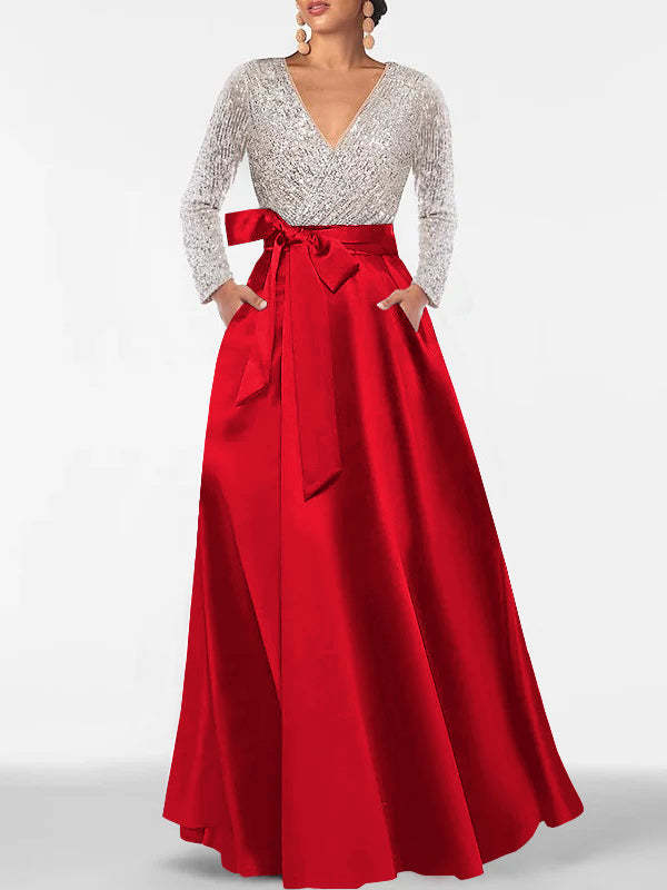 V-Neck A-Line Princess Floor-Length Mother of the Bride Dress with Long Sleeves Pocket and Sequins