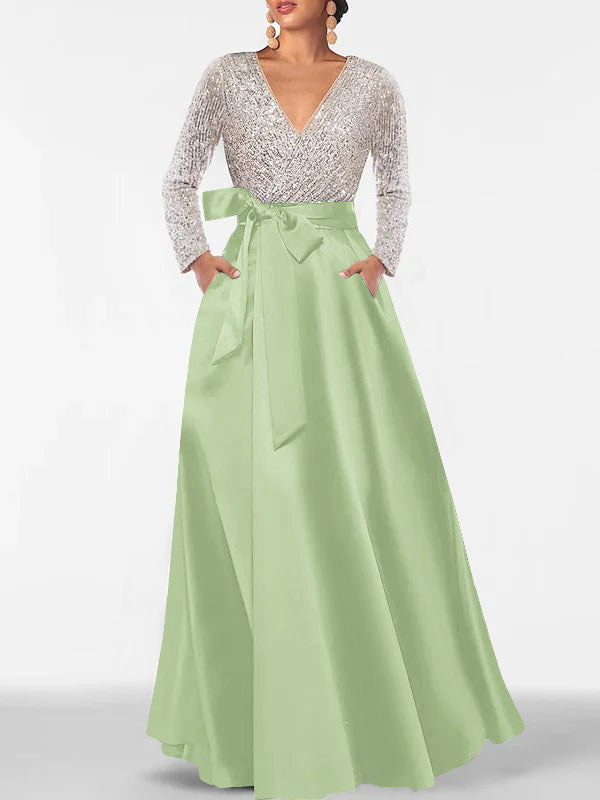 V-Neck A-Line Princess Floor-Length Mother of the Bride Dress with Long Sleeves Pocket and Sequins