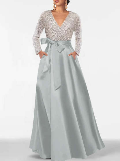 V-Neck A-Line Princess Floor-Length Mother of the Bride Dress with Long Sleeves Pocket and Sequins