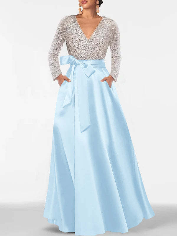 V-Neck A-Line Princess Floor-Length Mother of the Bride Dress with Long Sleeves Pocket and Sequins