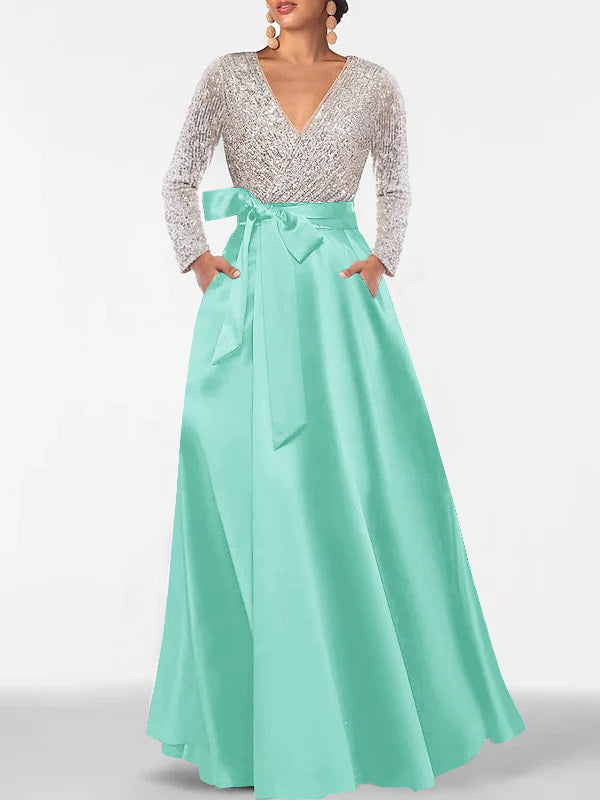 V-Neck A-Line Princess Floor-Length Mother of the Bride Dress with Long Sleeves Pocket and Sequins