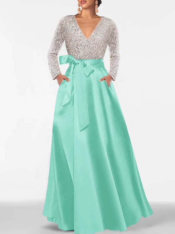 V-Neck A-Line Princess Floor-Length Mother of the Bride Dress with Long Sleeves Pocket and Sequins