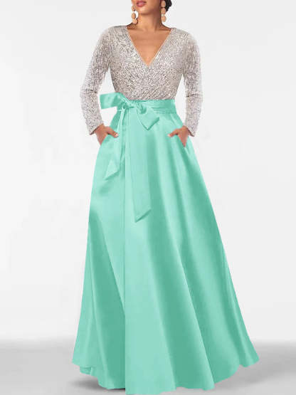 V-Neck A-Line Princess Floor-Length Mother of the Bride Dress with Long Sleeves Pocket and Sequins