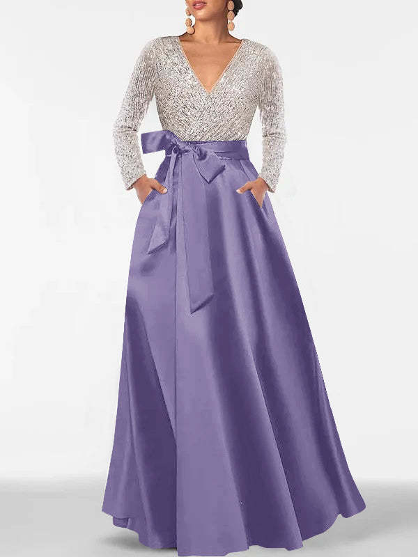 V-Neck A-Line Princess Floor-Length Mother of the Bride Dress with Long Sleeves Pocket and Sequins