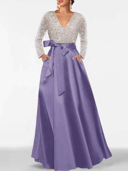 V-Neck A-Line Princess Floor-Length Mother of the Bride Dress with Long Sleeves Pocket and Sequins
