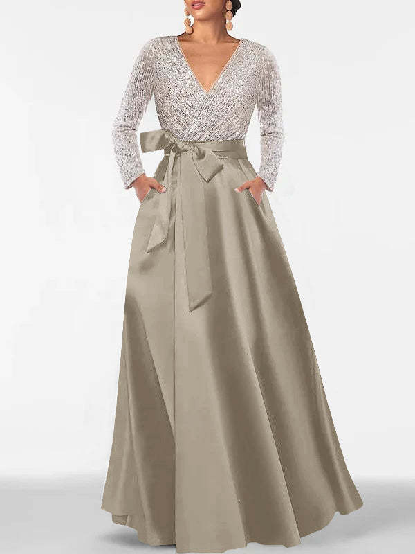 V-Neck A-Line Princess Floor-Length Mother of the Bride Dress with Long Sleeves Pocket and Sequins