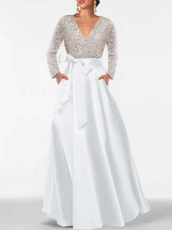 V-Neck A-Line Princess Floor-Length Mother of the Bride Dress with Long Sleeves Pocket and Sequins