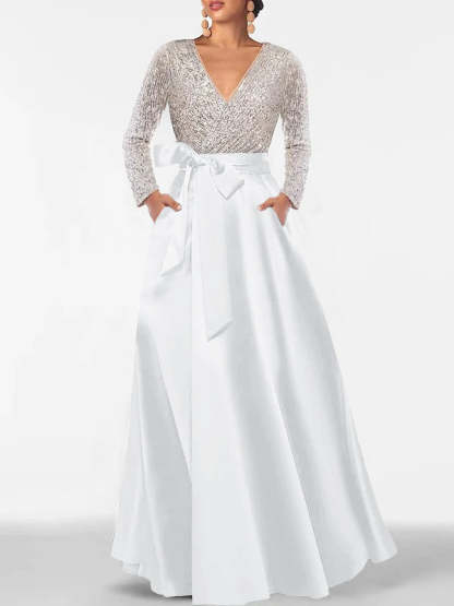V-Neck A-Line Princess Floor-Length Mother of the Bride Dress with Long Sleeves Pocket and Sequins