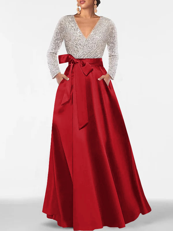 V-Neck A-Line Princess Floor-Length Mother of the Bride Dress with Long Sleeves Pocket and Sequins