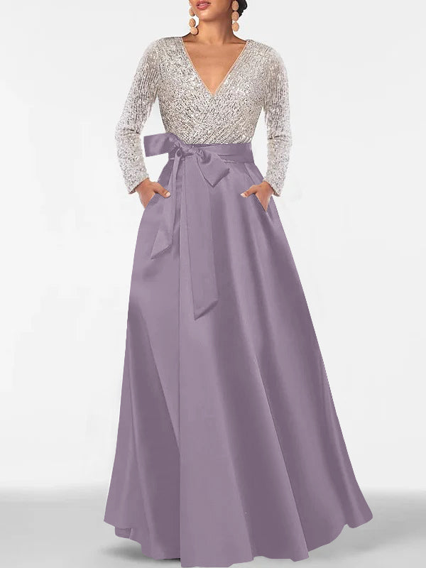 V-Neck A-Line Princess Floor-Length Mother of the Bride Dress with Long Sleeves Pocket and Sequins