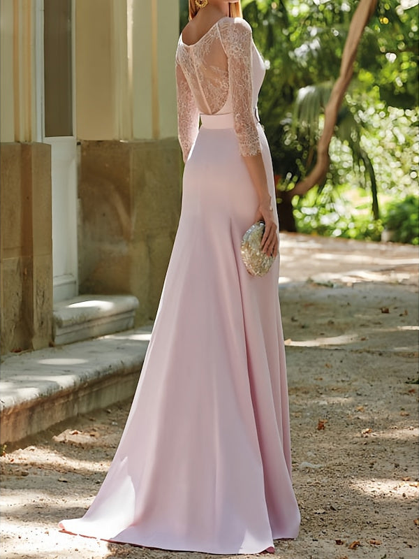 Mother of the Bride 3/4 Sleeve Trumpet/Mermaid Dress with Sash and Sweep/Brush Train