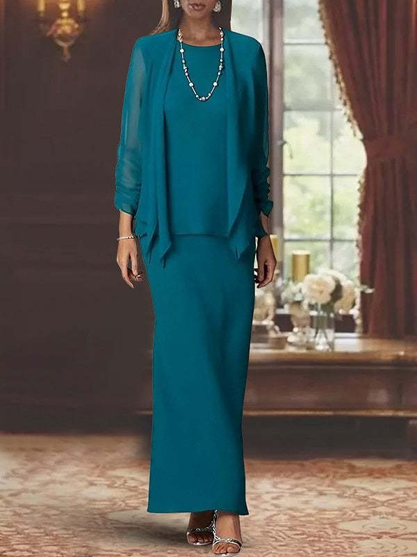 Floor-Length Scoop Neck Sheath Dress with Long Sleeves and Jacket for the Mother of the Bride