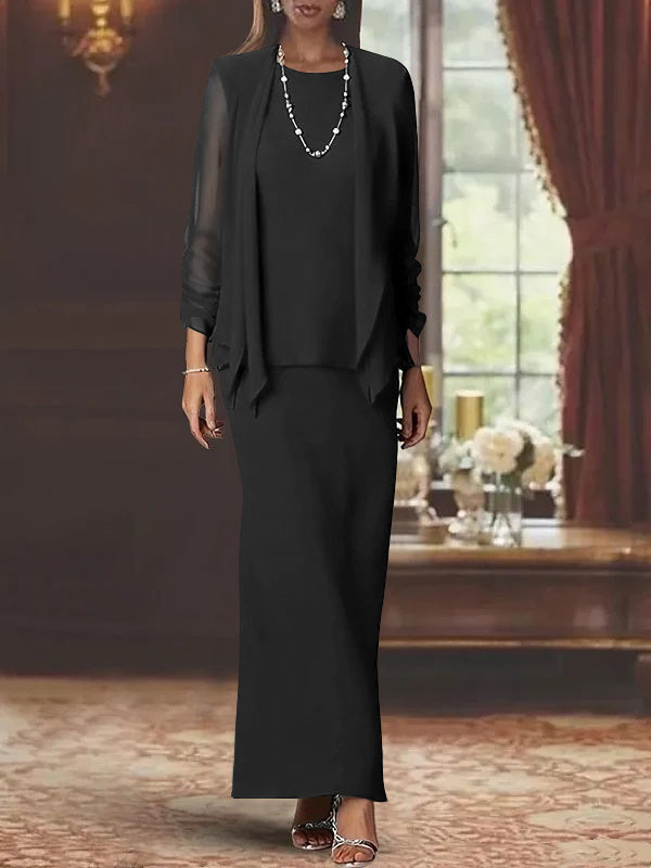 Floor-Length Scoop Neck Sheath Dress with Long Sleeves and Jacket for the Mother of the Bride