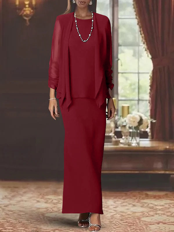 Floor-Length Scoop Neck Sheath Dress with Long Sleeves and Jacket for the Mother of the Bride