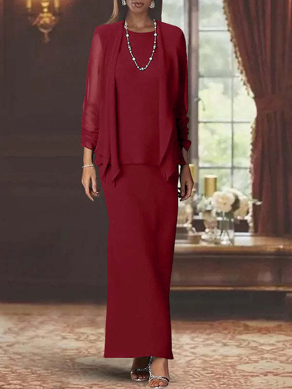 Floor-Length Scoop Neck Sheath Dress with Long Sleeves and Jacket for the Mother of the Bride