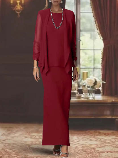 Floor-Length Scoop Neck Sheath Dress with Long Sleeves and Jacket for the Mother of the Bride