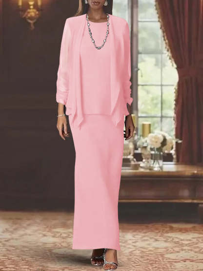 Floor-Length Scoop Neck Sheath Dress with Long Sleeves and Jacket for the Mother of the Bride