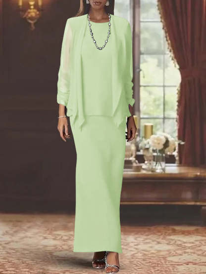 Floor-Length Scoop Neck Sheath Dress with Long Sleeves and Jacket for the Mother of the Bride