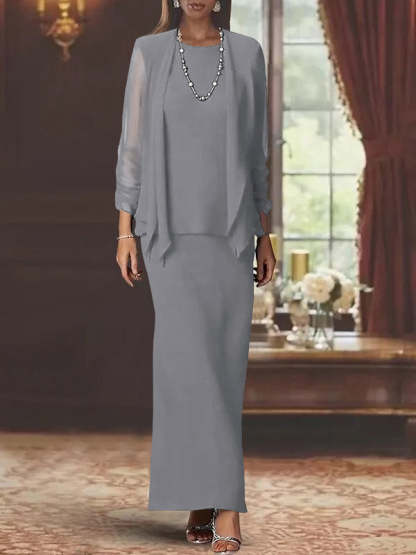Floor-Length Scoop Neck Sheath Dress with Long Sleeves and Jacket for the Mother of the Bride