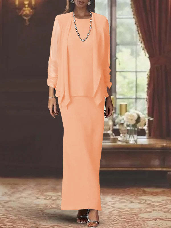 Floor-Length Scoop Neck Sheath Dress with Long Sleeves and Jacket for the Mother of the Bride