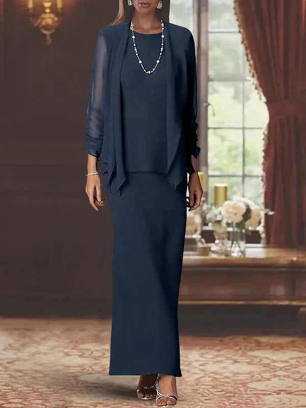 Floor-Length Scoop Neck Sheath Dress with Long Sleeves and Jacket for the Mother of the Bride