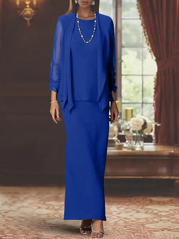 Floor-Length Scoop Neck Sheath Dress with Long Sleeves and Jacket for the Mother of the Bride