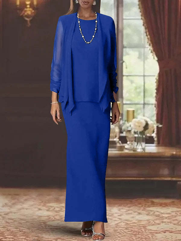 Floor-Length Scoop Neck Sheath Dress with Long Sleeves and Jacket for the Mother of the Bride