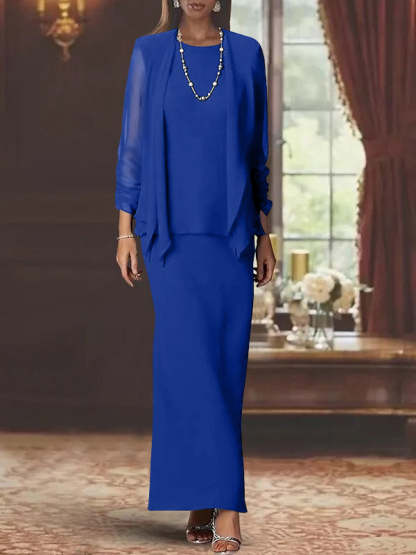 Floor-Length Scoop Neck Sheath Dress with Long Sleeves and Jacket for the Mother of the Bride