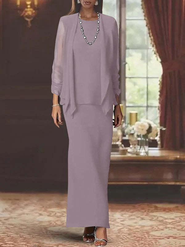 Floor-Length Scoop Neck Sheath Dress with Long Sleeves and Jacket for the Mother of the Bride