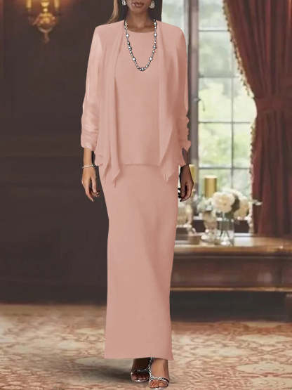 Floor-Length Scoop Neck Sheath Dress with Long Sleeves and Jacket for the Mother of the Bride