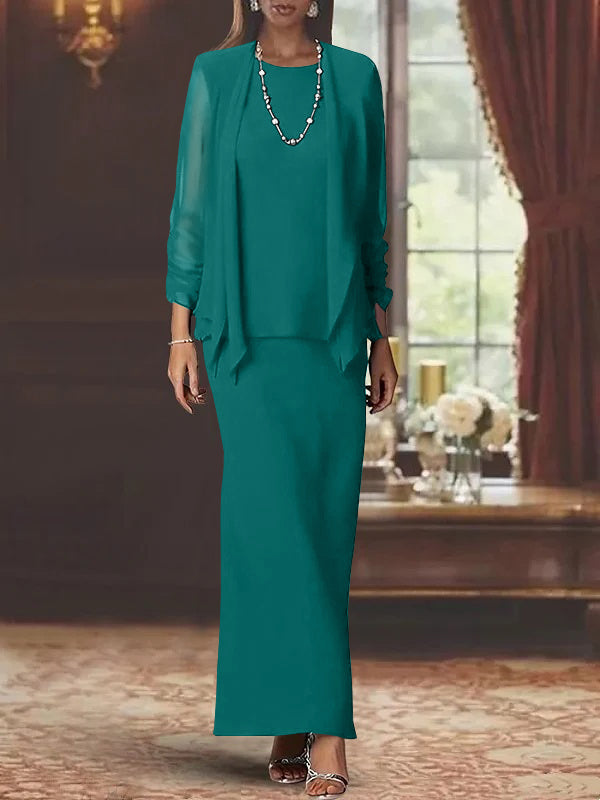 Floor-Length Scoop Neck Sheath Dress with Long Sleeves and Jacket for the Mother of the Bride
