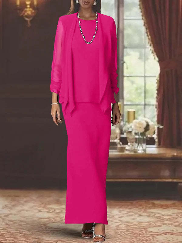 Floor-Length Scoop Neck Sheath Dress with Long Sleeves and Jacket for the Mother of the Bride
