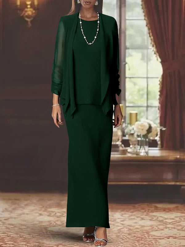 Floor-Length Scoop Neck Sheath Dress with Long Sleeves and Jacket for the Mother of the Bride