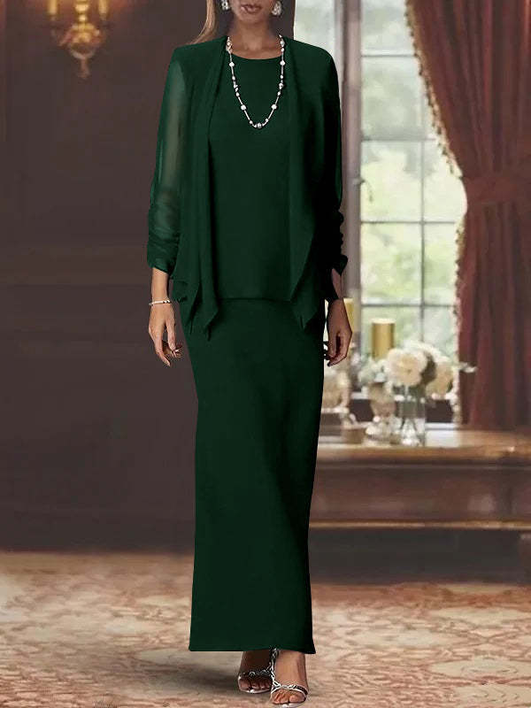 Floor-Length Scoop Neck Sheath Dress with Long Sleeves and Jacket for the Mother of the Bride